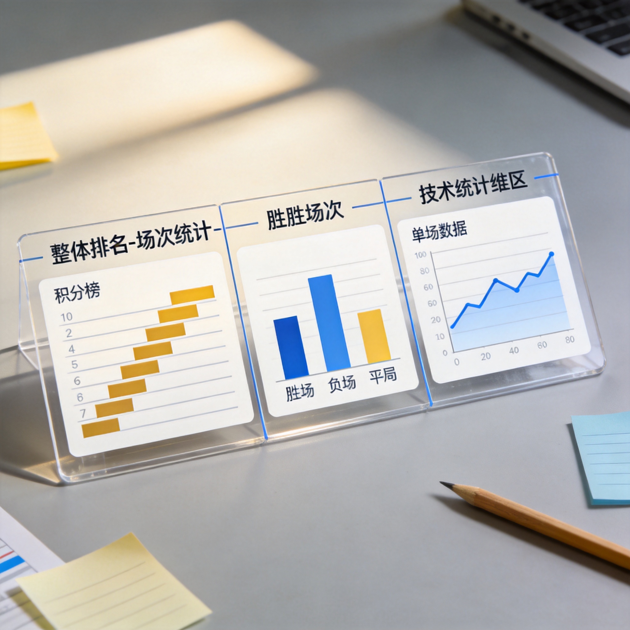 排名与统计模块示意图，包含积分榜、胜负场次与技术统计维度的排列方式